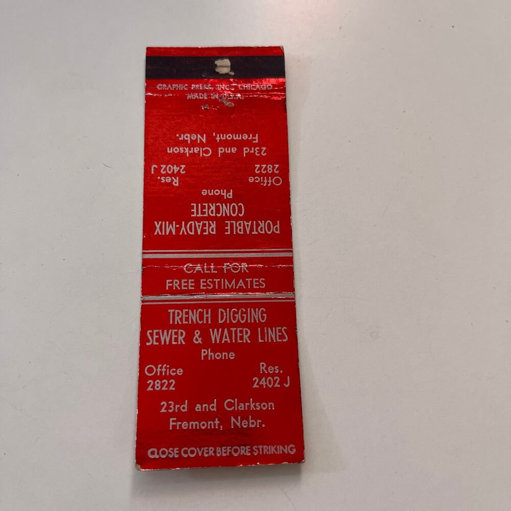 Trench Digging Sewer & Water Lines Fremont NE Vintage Matchbook Cover SMB5-3